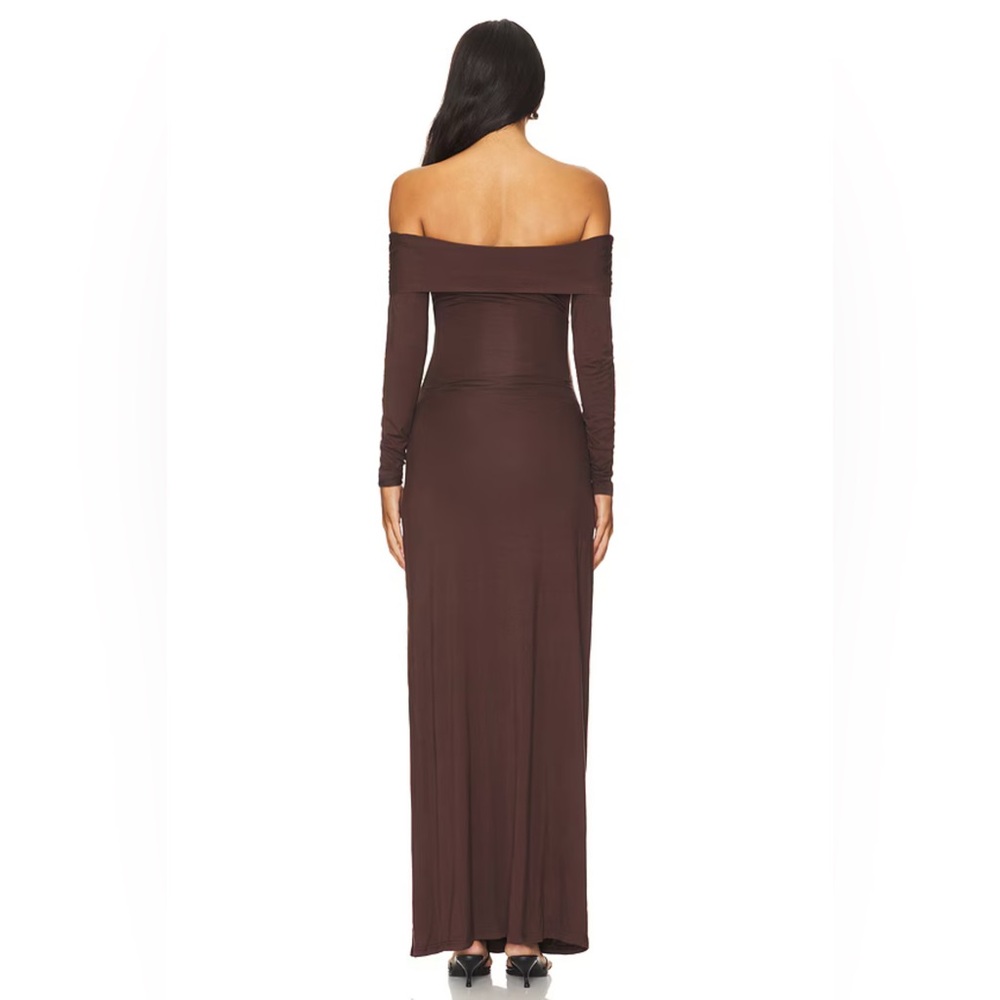 BUMPSUIT | Off The Shoulder Evening Dress in Chocolate - Picture 3 of 7